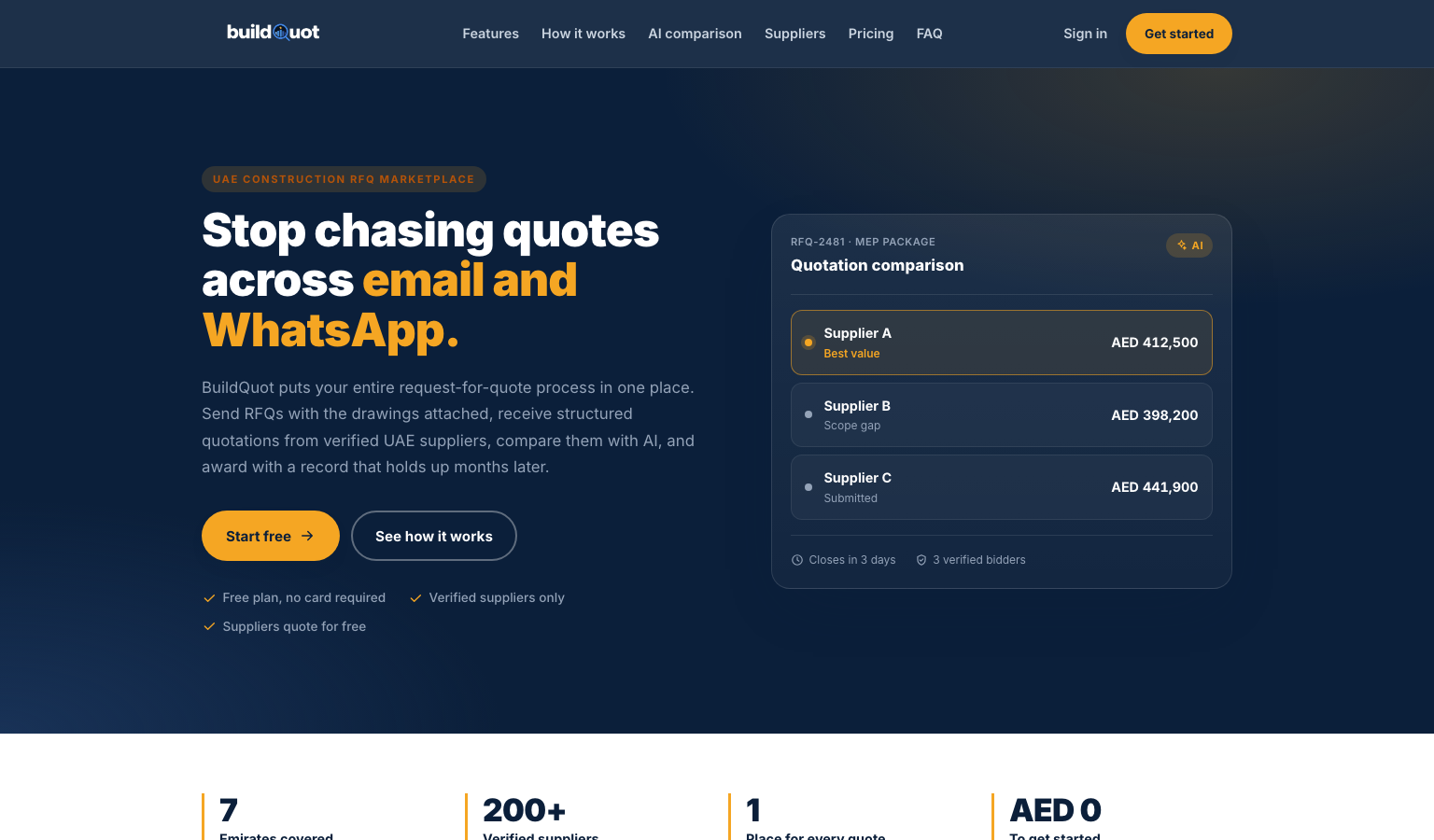 BuildQuot website hero reading "Stop chasing quotes across email and WhatsApp" beside an AI quotation comparison card