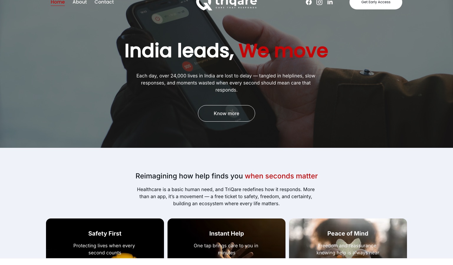 TriQare launch website hero reading "India leads, We move" over a phone showing an SOS screen